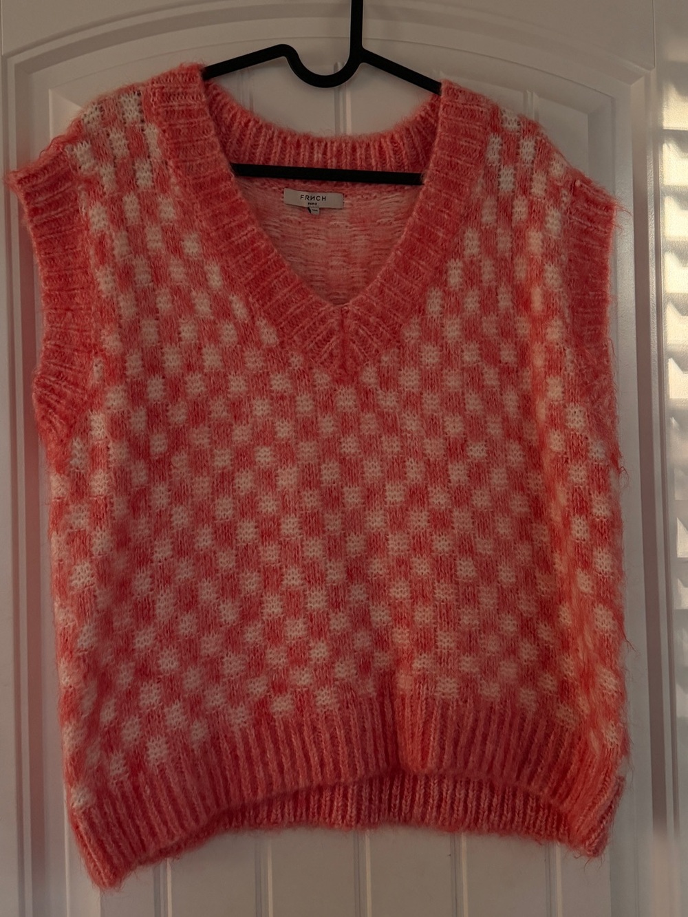 FRNCH Pink and Cream Checkered V-Neck Mohair Blend Sweater Vest